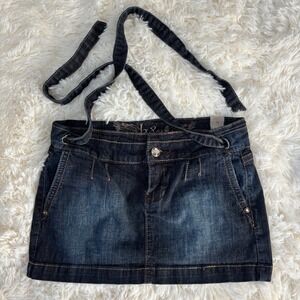 H&G Dark Wash Denim Mini Skirt Y2K Low Rise with Tie Belt Rhinestone Button S